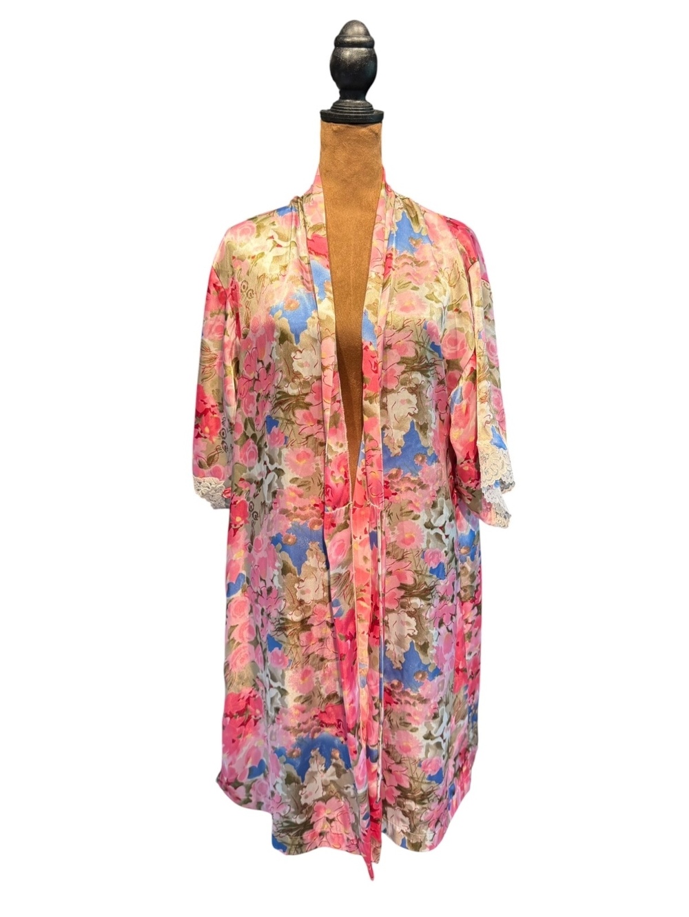 Vintage Floral Satin Kimono Robe with Lace Trim